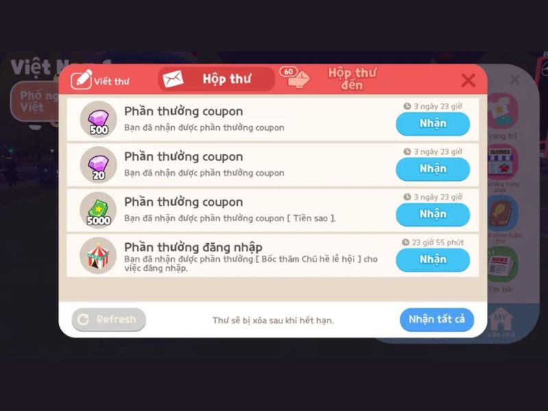 Bước 3: Nhấn “Nhận quà” và kiểm tra hộp thư trong game để nhận phần thưởng.