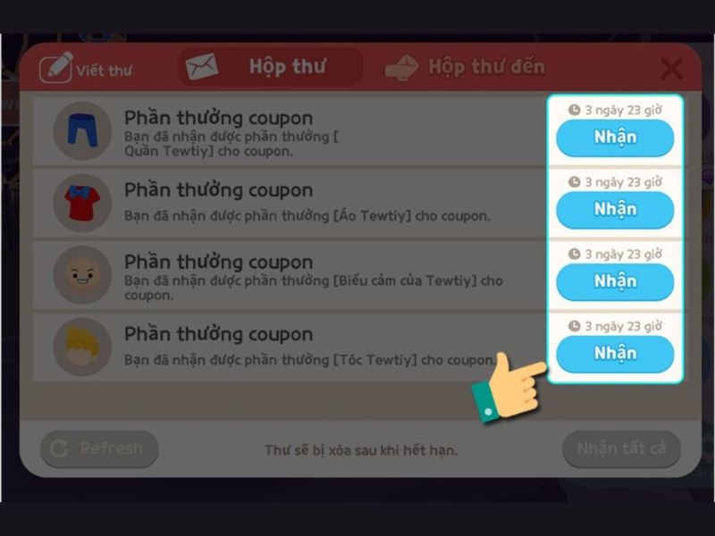Bước 3: Nhấn vào biểu tượng chiếc điện thoại và sau đó vào “Hộp thư” để nhận quà.